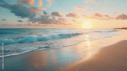 Serene beach sunrise with gentle waves and golden sky - perfect for travel, nature, or background imagery. © Tirawat