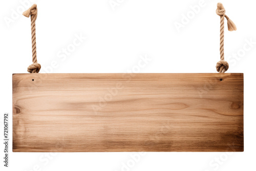 Empty wooden signboard hanging with rope, perfect for custom messages and signs, isolated on a transparent background with PNG clip art format