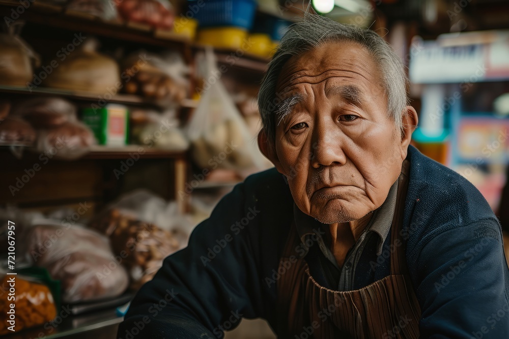 Expressive elderly shopkeeper in apron posing in a store, showcasing authentic small businesses. Perfect for culture-themed projects.