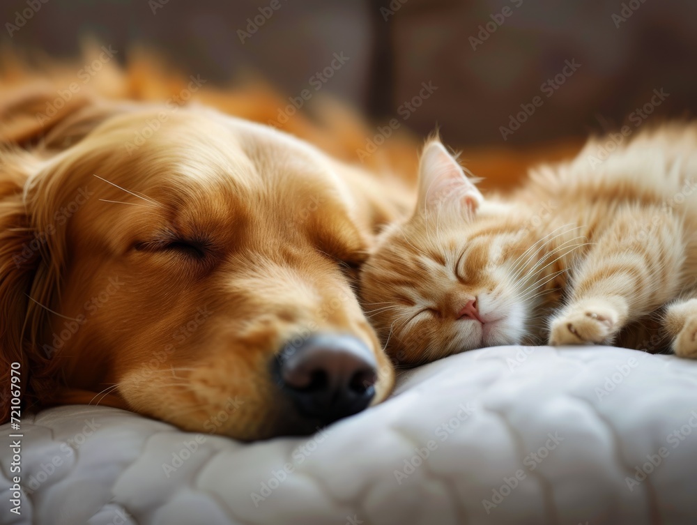 A heartwarming scene of a cute cat and a golden retriever peacefully sleeping together, showcasing adorable companionship and a peaceful atmosphere in a home setting