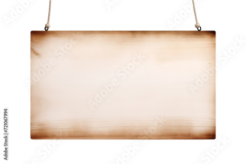 Empty wooden signboard hanging with rope, perfect for custom messages and signs, isolated on a transparent background with PNG clip art format