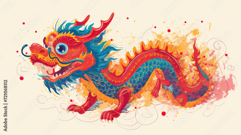 Chinese new year flat drawing with a cute and funny Chinese dragon with rich and vibrant red color palette , exaggerated expression