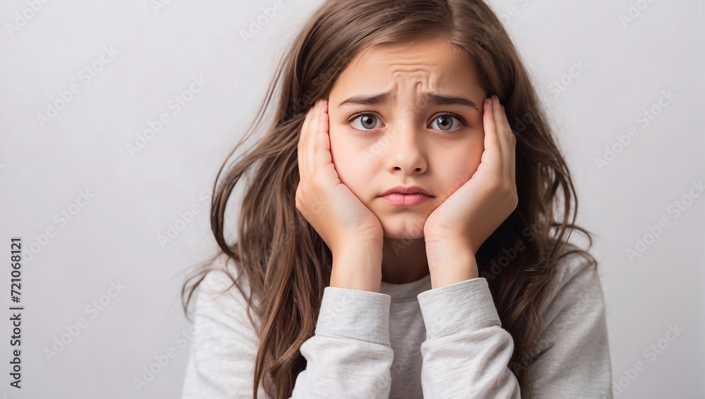 girl on a white background with a worried expression on her face