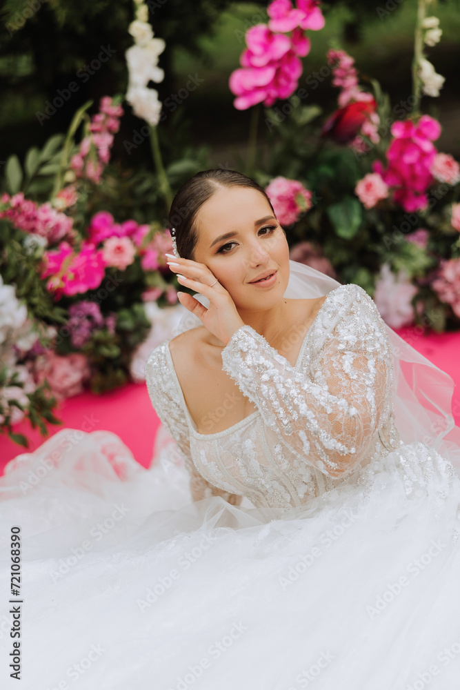 Beautiful bride with wedding flowers bouquet, attractive woman in wedding dress. Happy newlywed woman. Bride with wedding makeup and hairstyle. Smiling bride. Wedding day. Gorgeous bride. Marriage. Beautiful bride with wedding flowers bouquet, attractive woman in wedding dress. Happy newlywed woman. Bride with wedding makeup and hairstyle. Smiling bride. Wedding day. Gorgeous bride. Marriage.