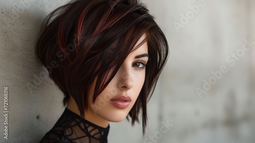 A chic asymmetrical bob hairstyle with razor-sharp angles, subtle layers, and a glossy finish, embodying modern sophistication.