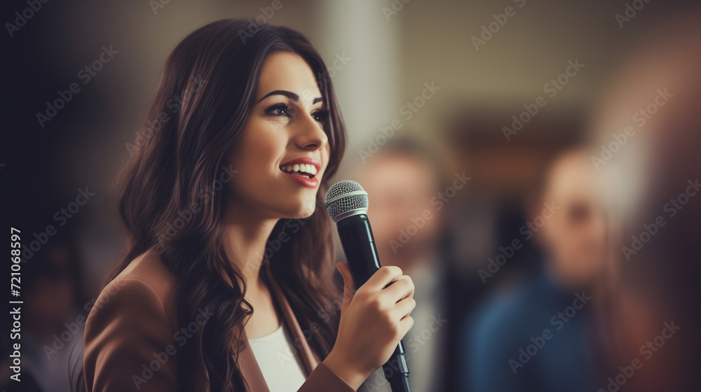 A businesswoman with a microphone giving a speech A businesswoman with a microphone giving a speech