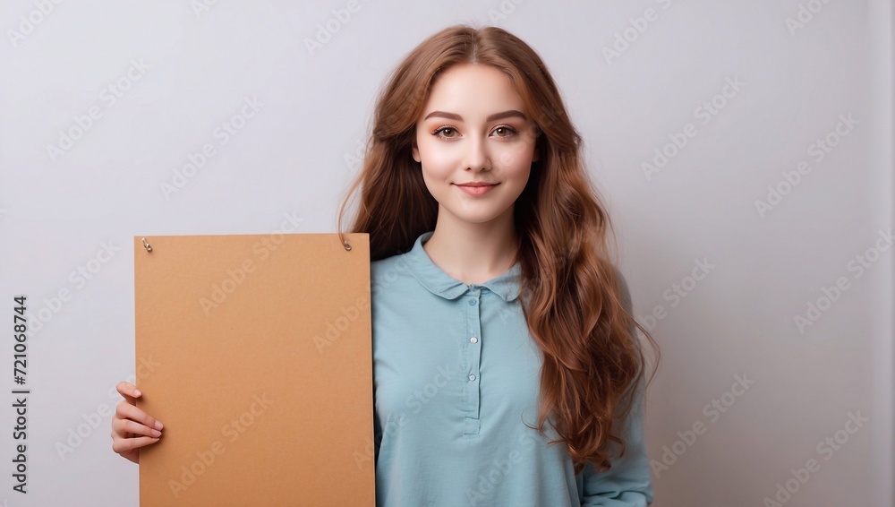 A girl on a light background shows a notice board A girl on a light background shows a notice board