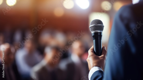 A businessman with a microphone at the public presentation or press-conference