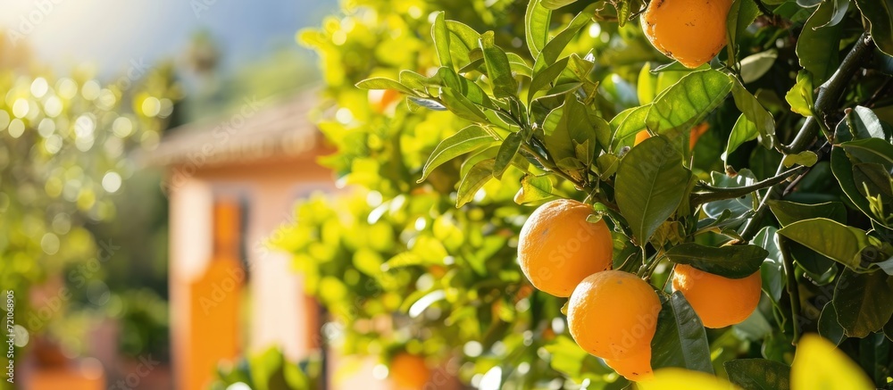Fruit-bearing citrus tree in sunny Spanish village with yellow and green fruit hanging from branches.