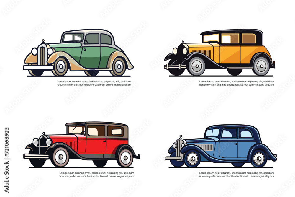 Naklejka premium Four different vintage car icon set, vector illustration.