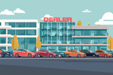 Vector illustration of car dealership building with colorful cars., Generative AI usage.