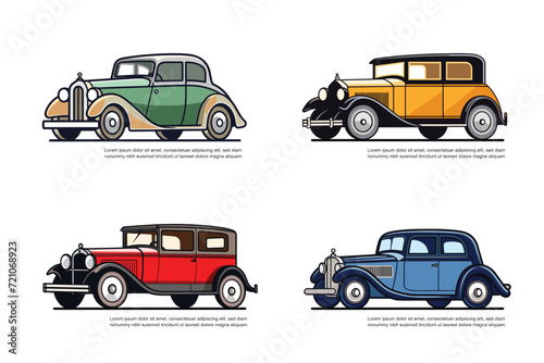 Four different vintage car icon set, vector illustration.