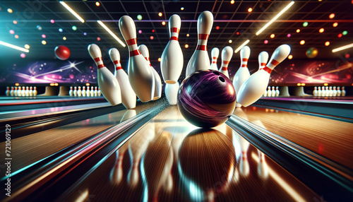 Dynamic view of a bowling ball striking pins at a bowling alley, with vibrant lights and a sense of motion. Sports concept. AI generated.