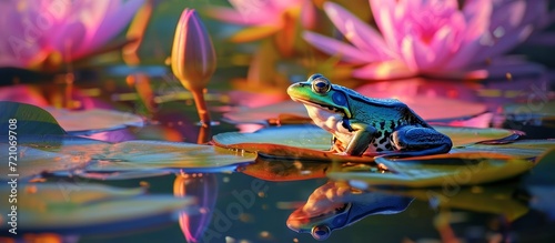 Leap into Serenity: Frog on a Lily Pad, Mesmerizing Lily Pad Landscape, Tranquil Reflections of Frog on a Lily Pad