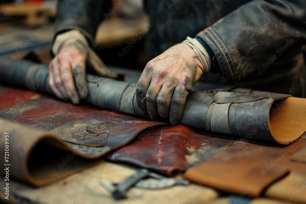 Working hands of a craftsman with leather goods: the process of creating unique things