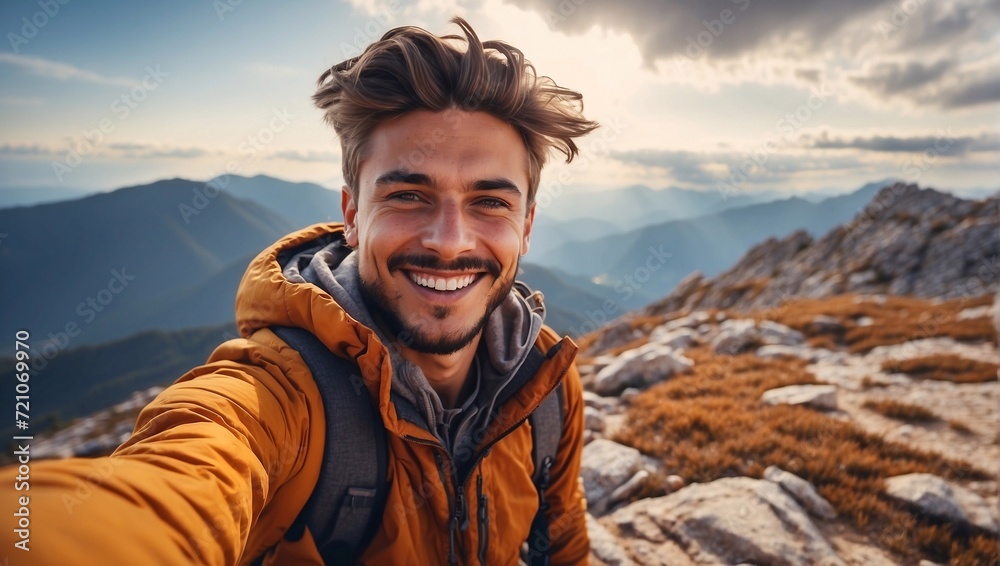 smiling happy man on top of mountain taking selfie
