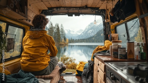Tranquil van life scene with person gazing at a serene mountain lake from a cozy camper interior. Perfect for adventure and travel themes. photo