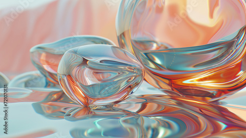 Organic-shaped glass orbs floating above a glassy surface, surrounded by swirls and waves, bathed in a warm ambiance against a beautiful abstract background