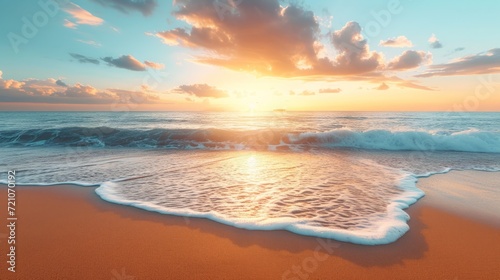 Serene beach sunrise with soft waves  golden sand  and vibrant sky for tranquil designs.