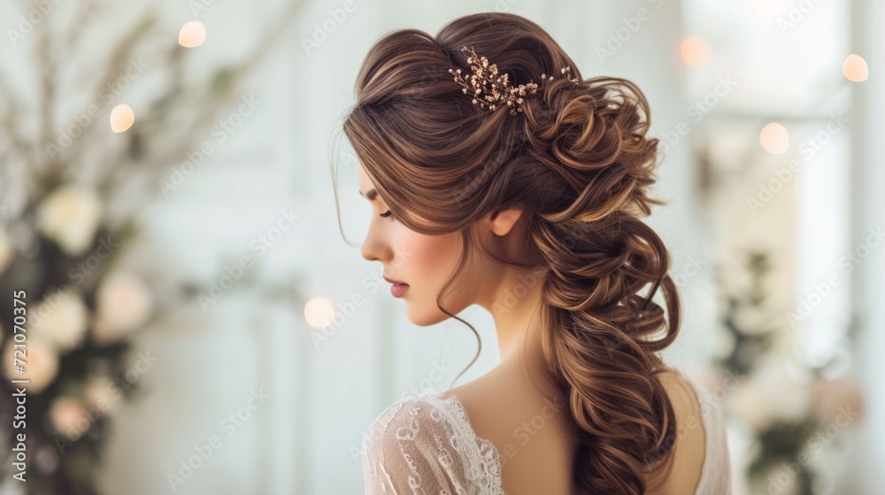 Fototapeta premium A woman with a graceful and romantic half-up half-down hairstyle, radiating femininity and charm.