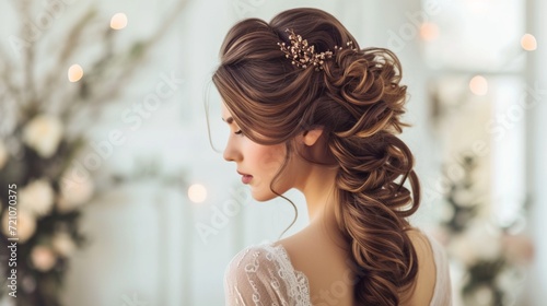 A woman with a graceful and romantic half-up half-down hairstyle, radiating femininity and charm.