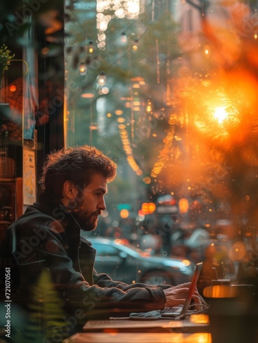 Man working on laptop in cozy cafe, sunset lighting city backdrop. Warm, inviting urban lifestyle scene.