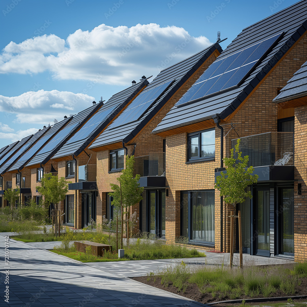 Φωτογραφία Newly build street with houses with solar panels attached on the roof against a sunny sky Close up of new building with black solar panels