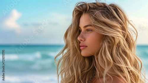 Effortless beach waves for women, showcasing a relaxed and tousled hairstyle with natural-looking curls and sun-kissed highlights for a carefree vibe.