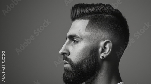 Men's classic taper haircut with a beard fade, featuring clean lines and a seamless transition between the haircut and facial hair for a polished appearance. photo