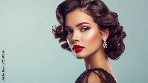 Women's elegant and voluminous retro curls hairstyle, evoking a timeless Hollywood glamour with cascading curls and a polished finish.