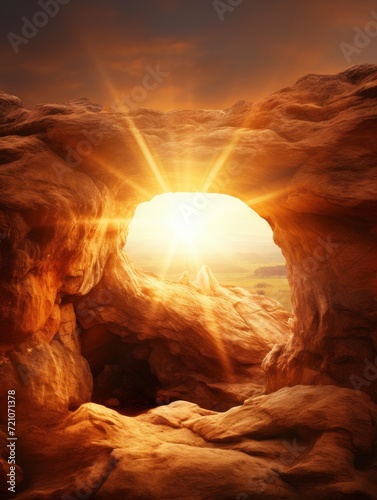 empty tomb with cross on mountain with amazing sunrise. Creative idea Easter. Religion and Christianity. Open empty cave with sunset view. Free copy space - generative ai