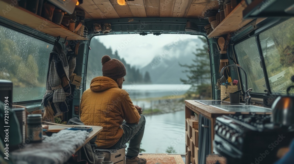 Tranquil van life scene with person gazing at a serene mountain lake from a cozy camper interior. Perfect for adventure and travel themes.