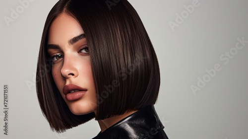 Women's sleek and polished long bob (lob) with a center part, featuring glossy straight strands that convey a modern and sophisticated vibe. photo
