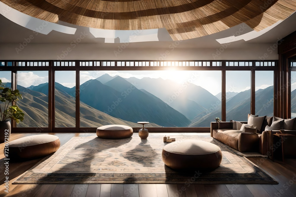 Fototapeta premium A serene meditation room inspired by Tibetan aesthetics, with a neutral color palette, plush floor cushions, and a breathtaking view of a mountainous landscape.