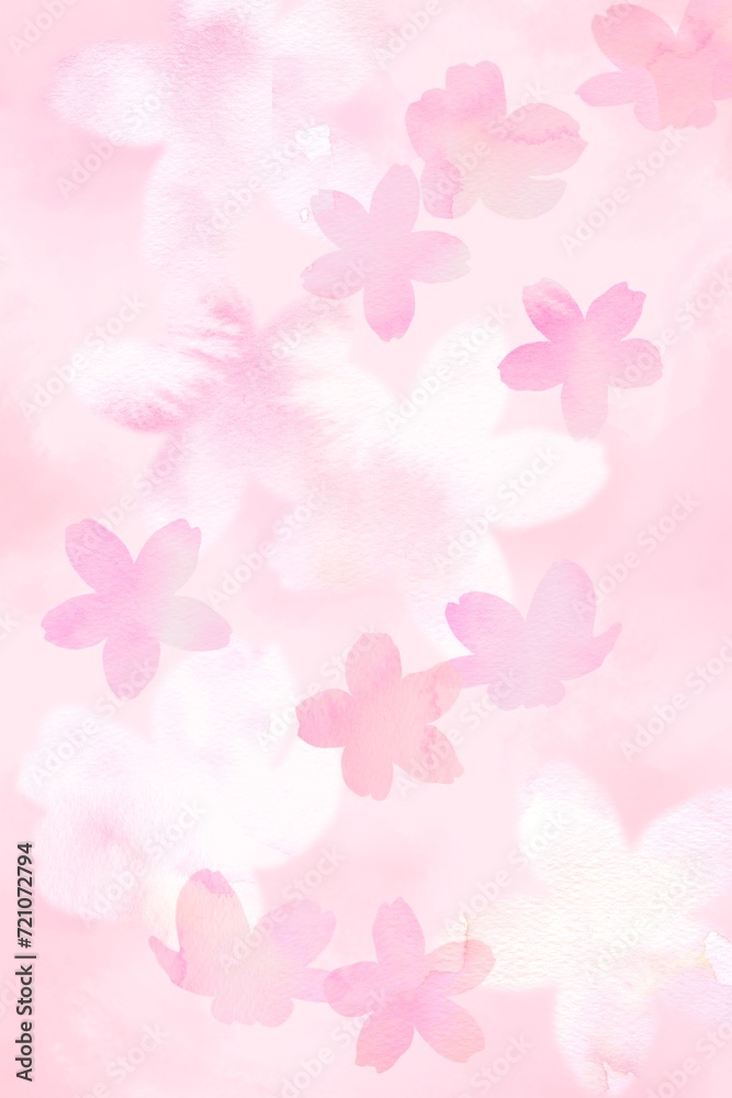 ピンク色の背景に大小の桜が舞う幻想的な縦長イラスト。水彩画を使用した春の背景素材。