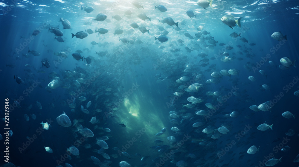 
In a serene underwater scene, sunlight filters through the crystal-clear depths, illuminating a tranquil world of graceful marine life and swaying seaweed. The gentle ebb and flow create a symphony o