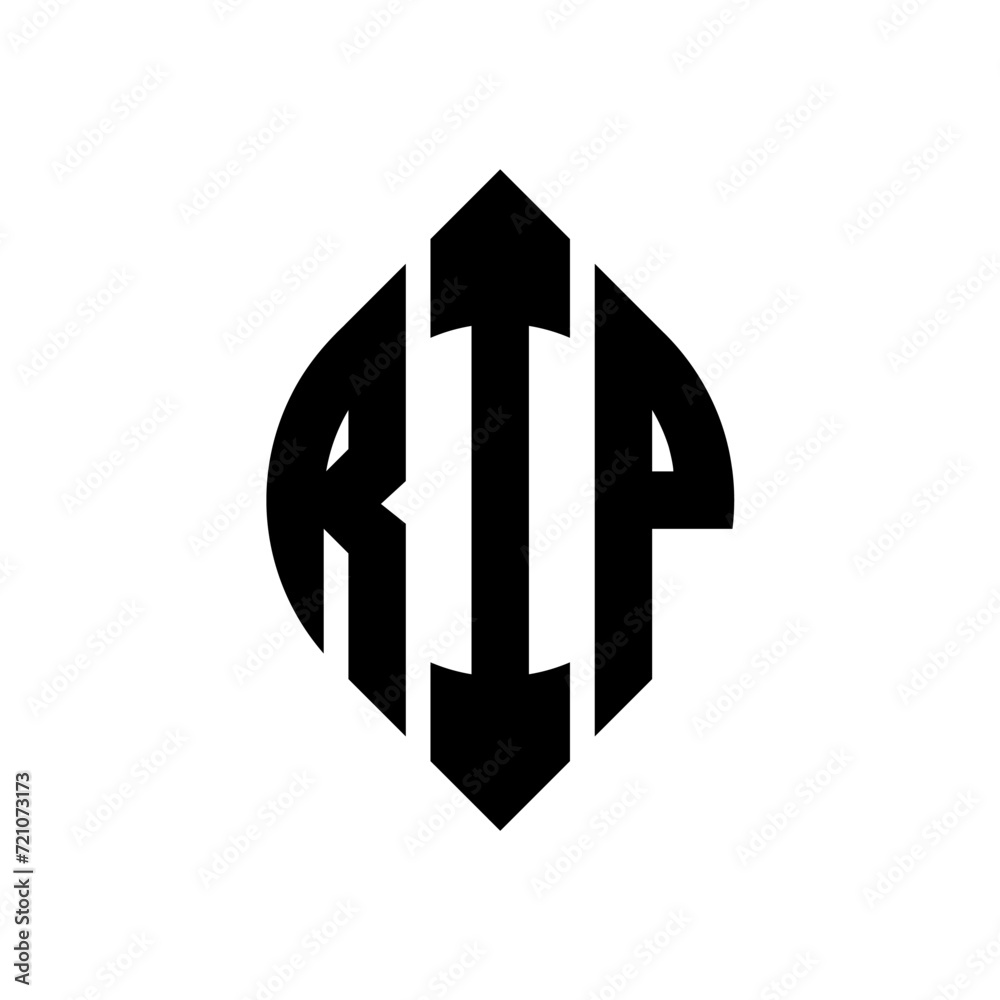 RIP circle letter logo design with circle and ellipse shape. RIP ellipse letters with typographic style. The three initials form a circle logo. RIP circle emblem abstract monogram letter mark vector.