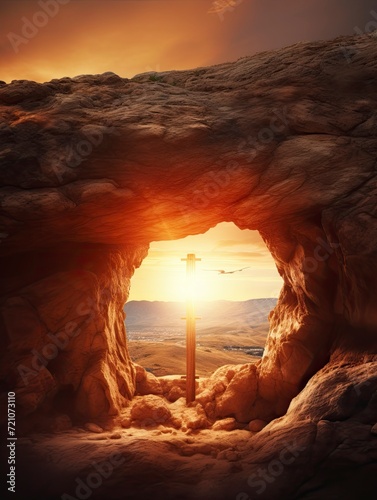 Fotografia empty tomb with cross on mountain with amazing sunrise