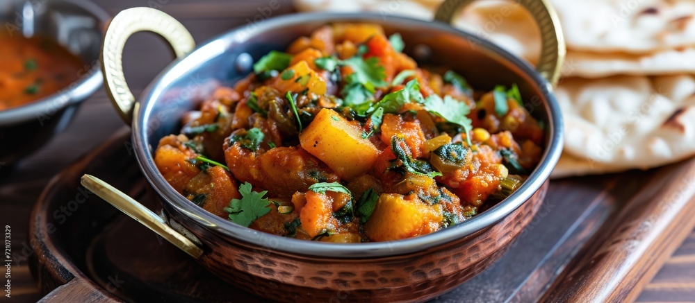 Indian-style mixed vegetable dry recipe, served with chapati, prepared in a bowl at a restaurant. Indian-style mixed vegetable dry recipe, served with chapati, prepared in a bowl at a restaurant.