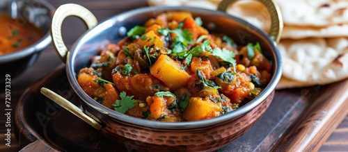 Indian-style mixed vegetable dry recipe, served with chapati, prepared in a bowl at a restaurant.
