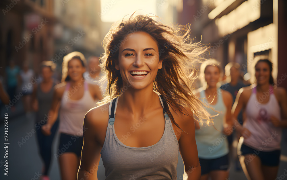 Smiling Caucasian Female athlete running marathon outdoors on the road in the city. Young woman training running in sunshine day