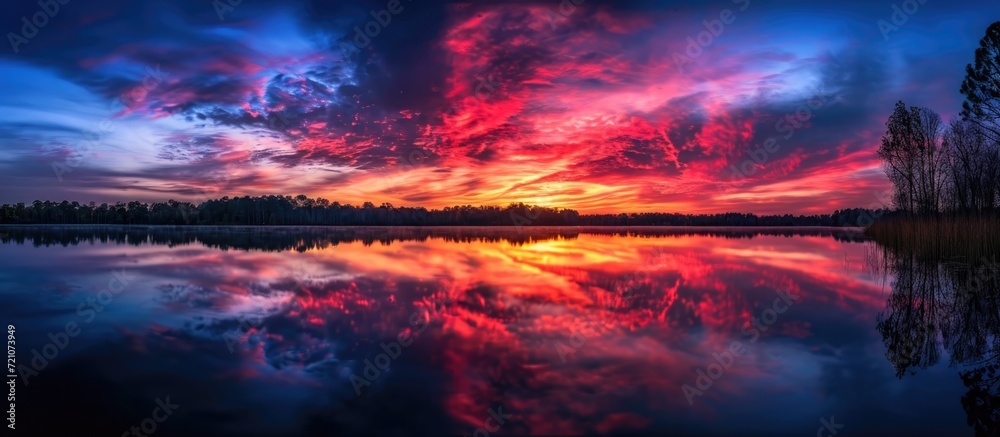 Stunning red and blue sky reflections on a peaceful lake at sunset.