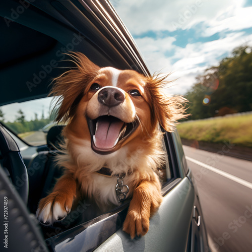 happy dog with head out of the car window having fun