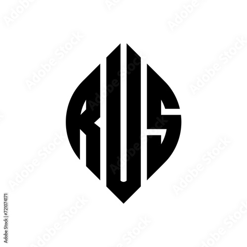 RUS circle letter logo design with circle and ellipse shape. RUS ellipse letters with typographic style. The three initials form a circle logo. RUS circle emblem abstract monogram letter mark vector.