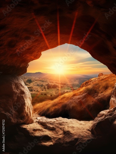 empty tomb with cross on mountain with amazing sunrise. Creative idea Easter. Religion and Christianity. Open empty cave with sunset view. Free copy space - generative ai © Nia™