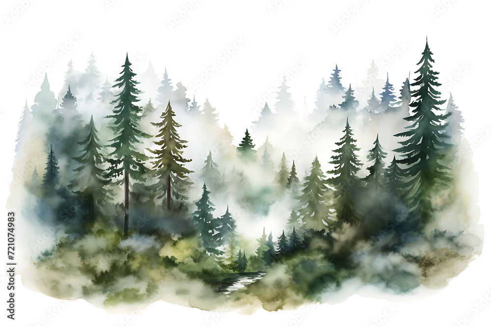 Fototapeta premium Watercolor Foggy Forest Landscape: Wild Nature in Wintertime