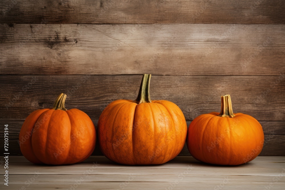 Minimal Style Pumpkins on Rustic Wooden Background AI Generated