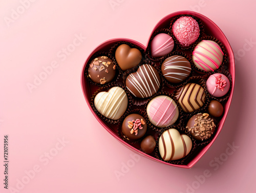 Heart shaped box of assorted chocolates on pink background, top view © wcirco