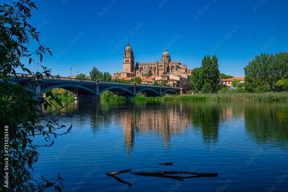 Bridge of Sanchez Fabres in Salamanca over Tormes river and Cathedral, Spain
