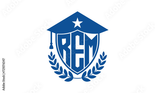 REM three letter iconic academic logo design vector template. monogram, abstract, school, college, university, graduation cap symbol logo, shield, model, institute, educational, coaching canter, tech